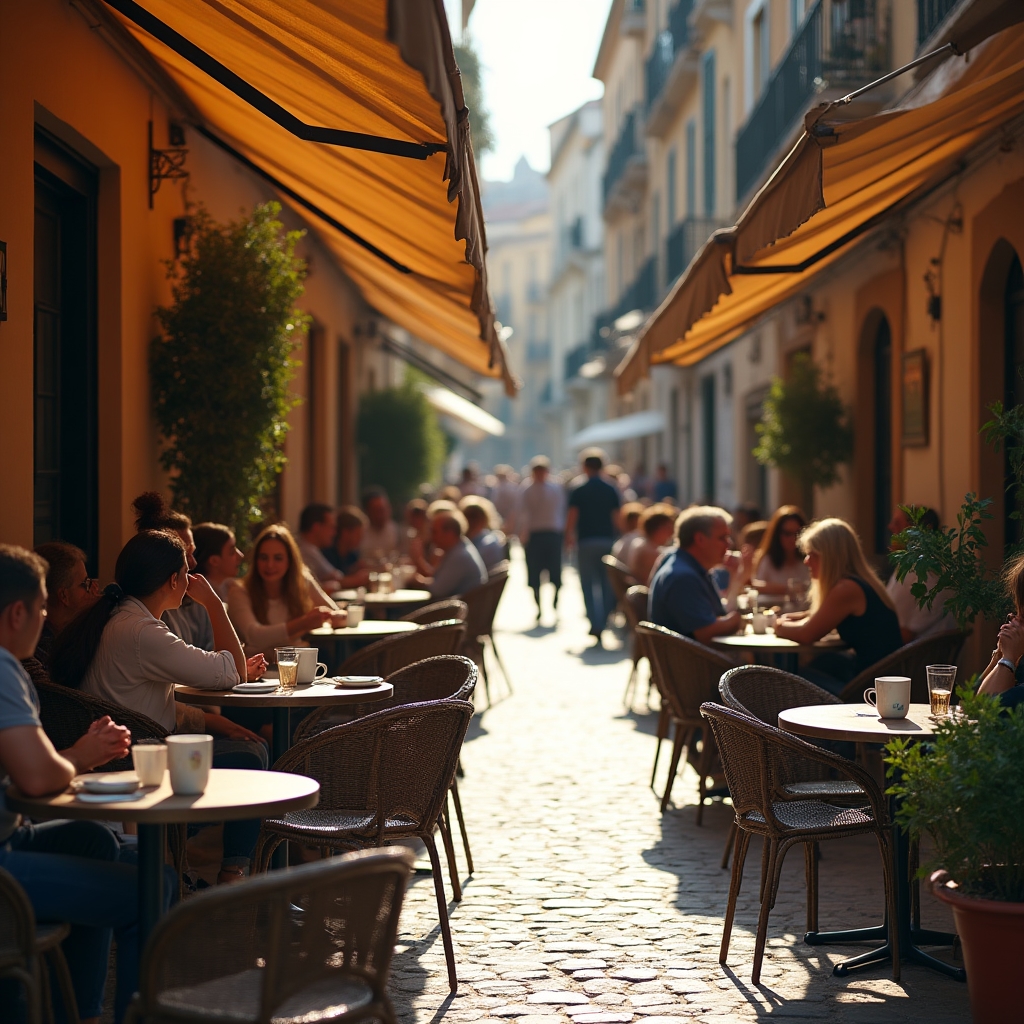 Terraza de una cafetería en una calle española con mesas ocupadas al mediodía
