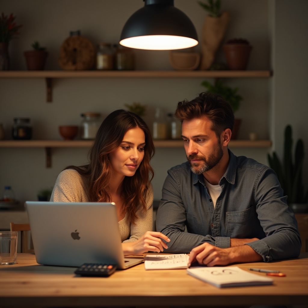Pareja revisando el presupuesto familiar en la cocina de su casa