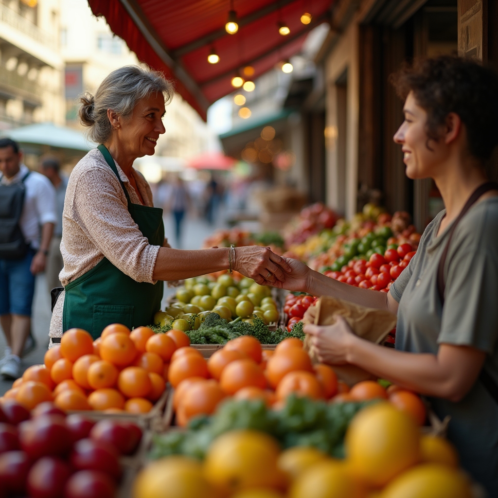 Mercado de barrio español con puestos de fruta y verdura y clientes comprando