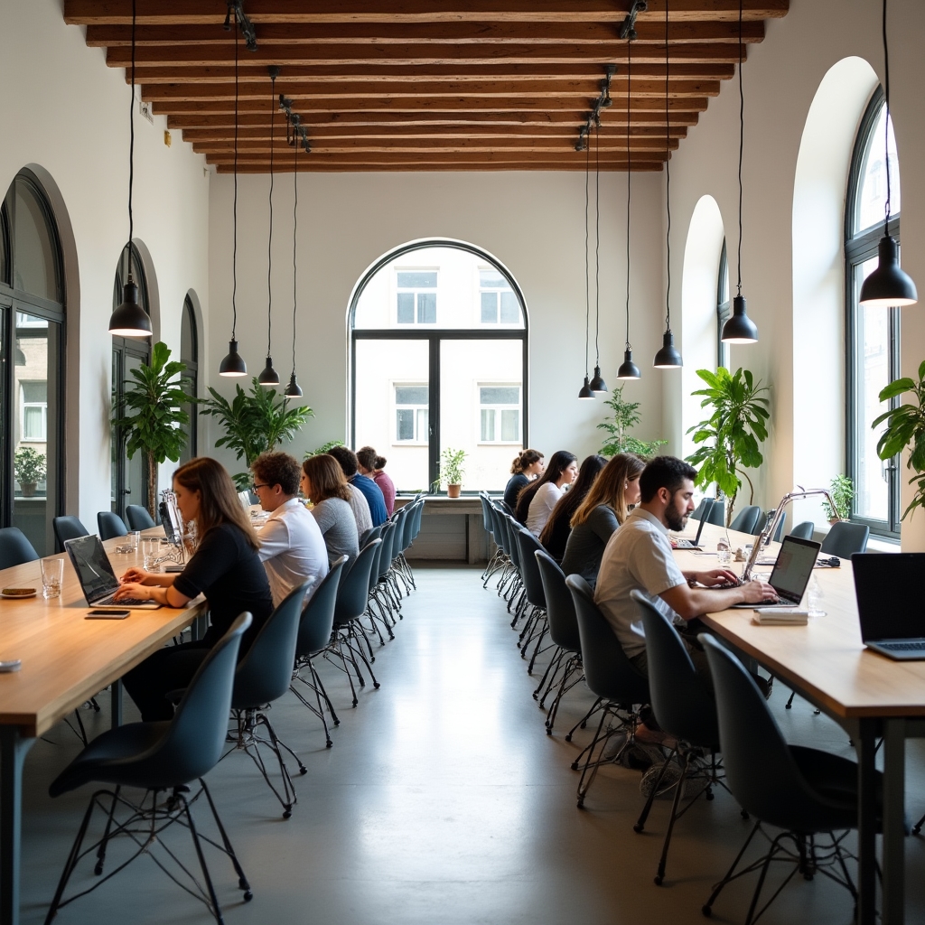 Espacio de coworking luminoso con personas trabajando en distintas mesas