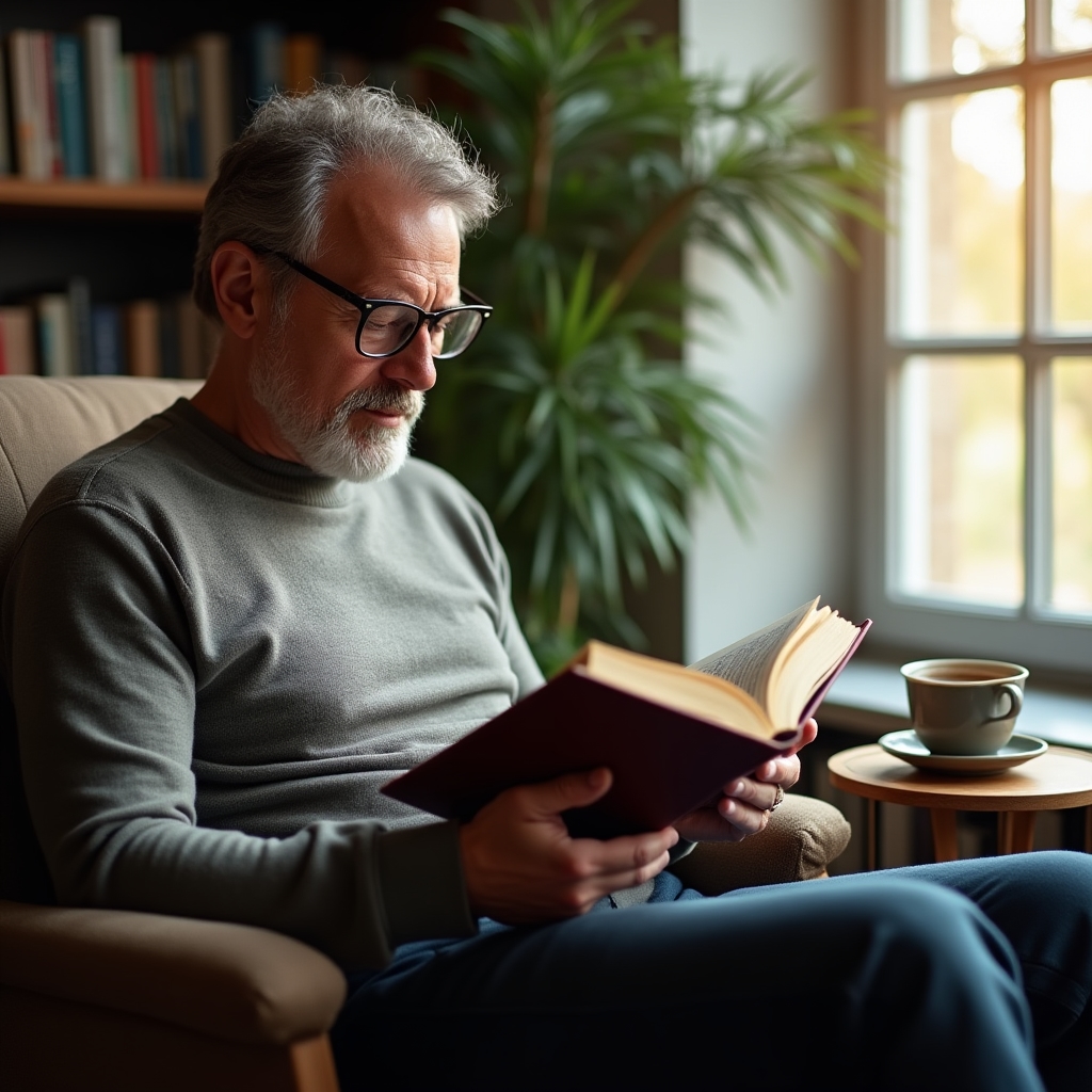 Persona leyendo un libro sobre economía sentada junto a una ventana con luz natural
