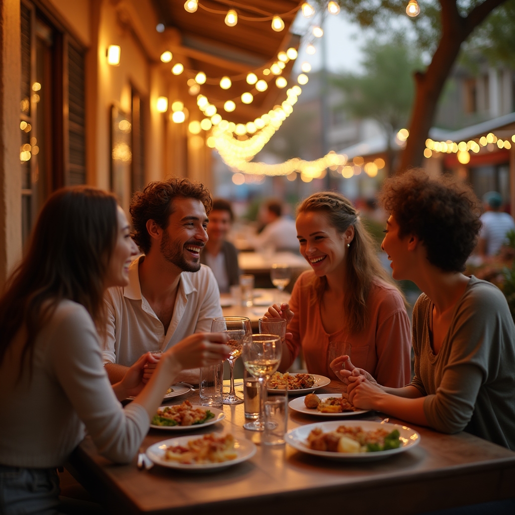 Grupo de amigos en una terraza de restaurante conversando por la tarde